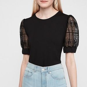 EXPRESS Women's Top Black Lace Puff Short Sleeve Size L